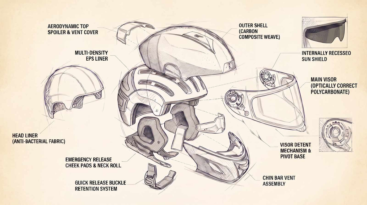 Technical diagram of a motorcycle helmet
