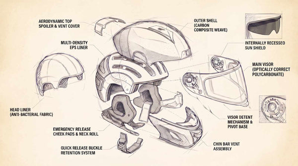 Technical diagram of a motorcycle helmet