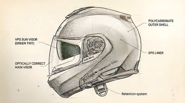 Technical diagram of a motorcycle helmet